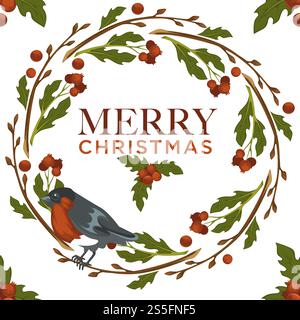Joyeux Noël oiseau bullfinch et symbole de gui modèle sans couture isolé sur le vecteur de fond blanc. Feuilles traditionnelles de Noël de plantes et de baies, animal avec des plumes. Birdie en hiver. Joyeux Noël oiseau bullfinch et symbole de gui modèle sans couture isolé sur le vecteur de fond blanc. Illustration de Vecteur