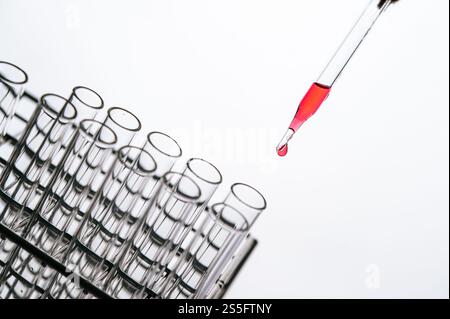 Déposez les produits chimiques rouges dans le bécher. Banque D'Images