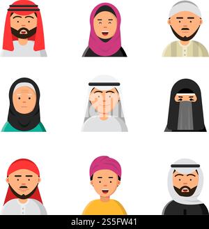 Avatars arabes. Islam Portraits musulmans d'icônes plates de vecteur niqab masculin et féminin hijab pour le web. Avatar portrait musulman, illustration masculine et féminine arabe. Avatars arabes. Islam Portraits musulmans d'icônes plates de vecteur niqab masculin et féminin hijab pour le web Illustration de Vecteur