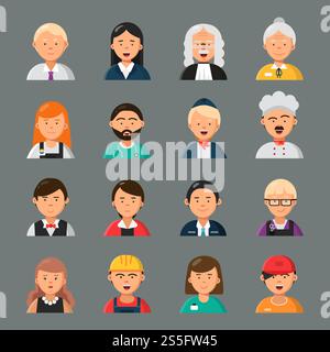 Avatars professionnels. Homme d'affaires Doctor Teacher coiffeur Cook occupation Workers Group collègues Vector Portraits Flat style. Serveur et infirmière, enseignant professionnel et coiffeur illustration. Avatars professionnels. Homme d'affaires Doctor Teacher coiffeur Cook occupation Workers Group collègues Vector Portraits Flat style Illustration de Vecteur