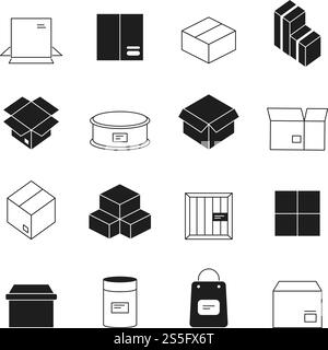 Symboles de boîte. Boîtes d'exportation de pile en bois et en carton ouvertes et fermées vecteur jeu d'icônes simples. Illustration emballage de conteneur blanc noir, paquet et colis. Symboles de boîte. Boîtes d'exportation de pile en bois et en carton ouvertes et fermées vecteur jeu d'icônes simples Illustration de Vecteur