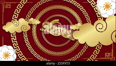 Image de décorations traditionnelles chinoises avec lapin sur fond rouge Banque D'Images