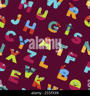 Alphabet drôle de personnages de dessins animés pour les enfants conçoivent un modèle sans couture. Lettres de police vectorielles de visages de créature de monstre comiques avec des yeux, un sourire de bouche et des moustaches en majuscules. Alphabet drôle de personnages de dessins animés pour les enfants conçoivent un modèle sans couture. Illustration de Vecteur