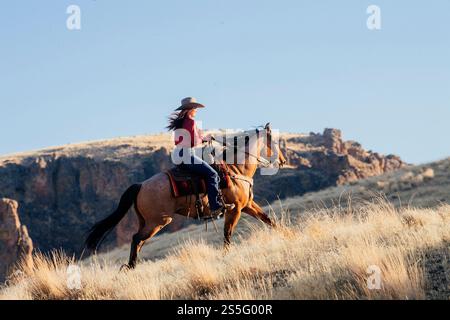 Une femme portant un chapeau à larges bords et une chemise rouge monte un cheval sur une colline herbeuse par temps clair, avec un paysage rocheux en arrière-plan, Idaho, États-Unis Banque D'Images