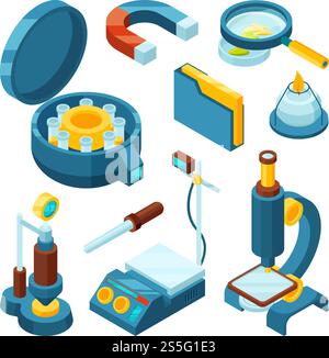Science chimique isométrique. Biologie du génie pharmaceutique outils 3d de vecteur d'oscilloscope de microscope d'industrie moderne. Équipement de microscope pour la science, illustration de technologie de chimie. Science chimique isométrique. Biologie du génie pharmaceutique outils 3d de vecteur d'oscilloscope de microscope d'industrie moderne Illustration de Vecteur