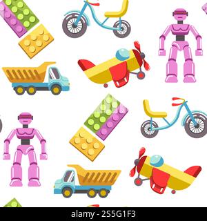 Icônes vectorielles de jouets pour enfants modèle sans couture. Jeux pour enfants ensemble pour filles et garçons de maternelle. Ours en peluche plat, pyramide et vélo, fusée, balle et train. Icônes vectorielles de jouets pour enfants modèle sans couture. Ensemble de jeux pour enfants Illustration de Vecteur