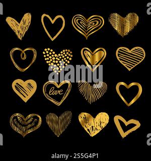 Griffonner des cœurs dorés. Jeu vectoriel d'icônes de coeur d'amour dessiné à la main isolé sur l'illustration noire. Griffonner des cœurs dorés. Jeu vectoriel d'icônes de coeur d'amour dessiné à la main Illustration de Vecteur