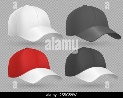 Casquette de baseball réaliste collection de modèles vectoriels noir, blanc et rouge isolé sur gris. Modèles vectoriels noir, blanc et rouge de casquette de baseball réaliste Illustration de Vecteur