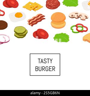 Fond d'ingrédients isométriques de burger vectoriel avec place pour l'illustration de texte. Affiche de bannière d'arrière-plan d'ingrédients de hamburger isométrique vectoriel Illustration de Vecteur