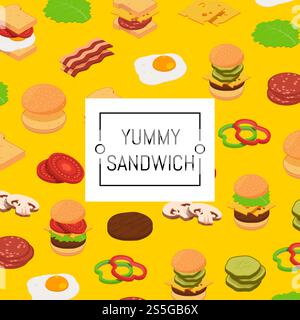 Fond d'ingrédients isométriques de burger vectoriel avec place pour l'illustration de texte. Fond d'ingrédients de hamburger isométrique et motif coloré Illustration de Vecteur