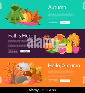 Éléments d'automne de dessin animé vectoriel et feuilles des modèles de bannière Web de set ou illustration d'affiche colorée. Vecteur dessin animé éléments d'automne et feuilles de modèles de bannière Web illustration Illustration de Vecteur