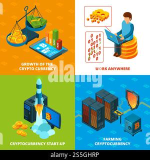 Minage de crypto-monnaie. Compositions isométriques de concept de vecteur de recherche de chaîne de blocs de monnaie électronique. Illustration du démarrage d'Internet, ico de crypto-monnaie. Minage de crypto-monnaie. Compositions isométriques de concept de vecteur de recherche de chaîne de blocs de monnaie électronique Illustration de Vecteur