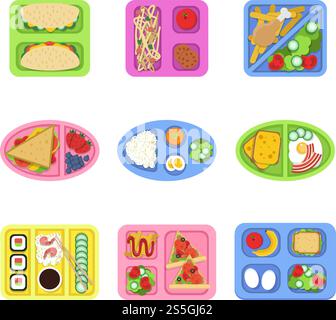 Boîte à lunch. Nourriture saine fraîche de l'école dans des récipients en plastique avec des légumes, des repas et des produits tranchés pour le petit déjeuner. Conteneur d'images vectorielles avec petit déjeuner, illustration fraîche du déjeuner sain. Boîte à lunch. Nourriture saine fraîche de l'école dans des récipients en plastique avec des légumes, des repas et des produits tranchés pour le petit déjeuner. Images vectorielles Illustration de Vecteur