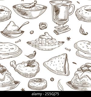 Fond de modèle d'esquisse de cuisine indienne. Conception sans couture vectorielle de poulet traditionnel indien au grill tandoori, riz au curry ou légumes pilaf et soupe samosa ou masala et thé avec des desserts au safran. Fond de modèle d'esquisse de cuisine indienne. Conception vectorielle sans couture Illustration de Vecteur