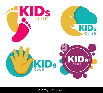 Club d'enfants avec divertissements des emblèmes promotionnels lumineux ont défini une illustration vectorielle plate de dessin animé isolée sur fond blanc. Logotypes de zone d'enfants avec des mains humaines, des visages drôles et une demi-lune.. Place des enfants avec divertissements des emblèmes promotionnels lumineux définis illustration vectorielle plate de dessin animé isolée sur fond blanc Illustration de Vecteur