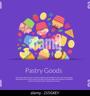 Vectoriel mignon muffins de bande dessinée ou cupcakes dans le fond de poche de papier avec place pour l'illustration de texte et d'ombres. Vectoriel mignon muffins de bande dessinée ou cupcakes isolés Illustration de Vecteur