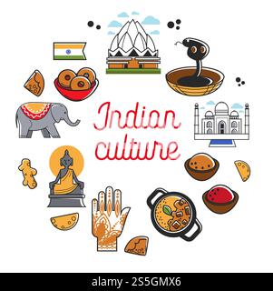 Affiche promotionnelle de la culture indienne avec des symboles nationaux. Attributs religieux, constructions architecturales, cuisine épicée et animaux exotiques dans l'illustration vectorielle de bande dessinée de bannière commerciale de grand cercle .. Affiche promotionnelle de la culture indienne avec des symboles nationaux. Attributs religieux, constructions architecturales Illustration de Vecteur