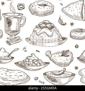 Fond de modèle d'esquisse de cuisine indienne. Conception sans couture vectorielle de poulet traditionnel indien au grill tandoori, riz au curry ou légumes pilaf et soupe samosa ou masala et thé avec des desserts au safran. Fond de modèle d'esquisse de cuisine indienne. Conception vectorielle sans couture Illustration de Vecteur