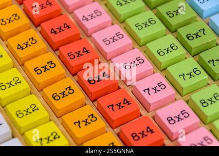 table de multiplication en bois coloré, concept de jouet éducatif pour enfants Banque D'Images