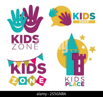 Club d'enfants avec divertissements des emblèmes promotionnels lumineux ont défini une illustration vectorielle plate de dessin animé isolée sur fond blanc. Logotypes de zone d'enfants avec des mains humaines, des visages drôles et une demi-lune.. Place des enfants avec divertissements des emblèmes promotionnels lumineux définis illustration vectorielle plate de dessin animé isolée sur fond blanc Illustration de Vecteur