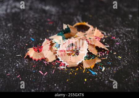 Gros plan avec des copeaux de crayon de bois posés sur des sols en ciment noir. Banque D'Images