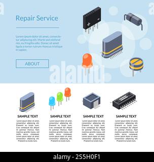 Illustration du modèle de page d'atterrissage des icônes de micropuces isométriques vectorielles et de pièces électroniques. Illustration d'icônes de micropuces isométriques vectorielles et de pièces électroniques Illustration de Vecteur