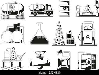 Jeu d'icônes noir monochrome pour l'industrie pétrolière. Illustration de la production, du transport et de l'extraction d'huile vectorielle. Jeu d'icônes noir monochrome pour l'industrie pétrolière Illustration de Vecteur