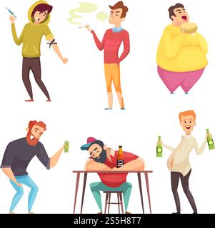 Mode de vie accro. Alcoolisme drogues et addiction à partir d'habitudes malsaines vecteurs personnages de dessins animés dans les poses d'action. Illustration de la toxicomanie à l'alcool et de la boisson alcoolisée. Mode de vie accro. Alcoolisme drogues et addiction à partir d'habitudes malsaines vecteurs personnages de dessins animés dans les poses d'action Illustration de Vecteur