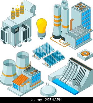 EQUIPEMENT électrique. Watt générateurs d'éclairage électrique vecteur images isométriques isolées. Équipement énergétique, illustration de la centrale électrique. EQUIPEMENT électrique. Watt générateurs d'éclairage électrique vecteur images isométriques isolées Illustration de Vecteur