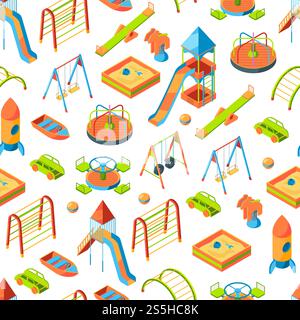 Illustration de fond ou de motif d'objets de terrain de jeu isométriques vectoriels. Balançoire extérieure, carrousel de loisirs. Illustration de fond ou de motif d'objets de terrain de jeu isométriques vectoriels Illustration de Vecteur