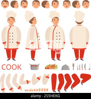 Animation cuisinière. Chefs personnages de corps parties de mains bras tête et vêtements avec outils de cuisine création de kit vectoriel. Personnage de chef constructeur professionnel visage, jambe et illustration de la main. Animation cuisinière. Chefs personnages de corps parties de mains bras tête et vêtements avec outils de cuisine création de kit vectoriel Illustration de Vecteur