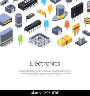 Bannière vecteur micropuces isométriques et icônes de pièces électroniques avec place pour l'illustration de texte. Illustration d'icônes de micropuces isométriques vectorielles et de pièces électroniques Illustration de Vecteur