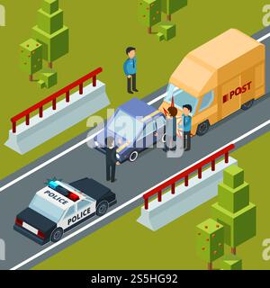 Accident sur route urbaine. Police voiture et désastres vecteur scène urbaine isométrique. Illustration de la rue d'accident de voiture de route. Accident sur route urbaine. Police voiture et désastres vecteur scène urbaine isométrique Illustration de Vecteur