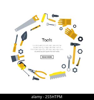 Outils de construction plats vectoriels de bannière en forme de cercle avec place pour le texte isolé sur l'illustration blanche. Outils de construction à plat vectoriel en forme de cercle avec place pour l'illustration de texte Illustration de Vecteur