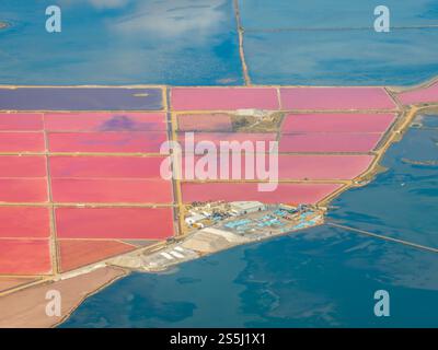 Vue aérienne des lagunes rouges des salines de Trinitat, à Punta de la Banya, dans le delta de l'Èbre, en été (Montsià, Tarragone, Catalogne, Espagne) Banque D'Images