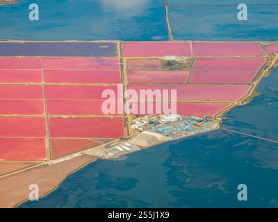 Vue aérienne des lagunes rouges des salines de Trinitat, à Punta de la Banya, dans le delta de l'Èbre, en été (Montsià, Tarragone, Catalogne, Espagne) Banque D'Images