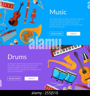Illustration de modèles de bannière Web d'instruments de musique de dessin animé vectoriel. Son d'affiche musicale. Illustration de bannière web d'instruments de musique de dessin animé vectoriel Illustration de Vecteur