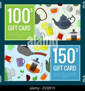 Bouilloires de thé de dessin animé vectoriel et tasses de réduction ou illustration de modèles de chèque-cadeau. Vector bouilloires de thé réductions tasses, cartes de boisson de thé Illustration de Vecteur
