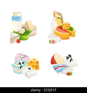 Jeu de piles de produits laitiers et fromagers de dessin animé vectoriel isolé sur l'illustration de fond blanc. Produits laitiers, fromage et lait. Jeu de piles de produits laitiers et fromagers de dessin animé vectoriel isolé sur l'illustration de fond blanc Illustration de Vecteur