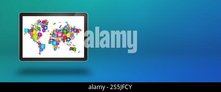 Carte du monde faite d'icônes dans un écran de tablette PC. Concept global de communication isolé sur fond bleu. Illustration 3D. Carte du monde faite d'icônes sur Banque D'Images