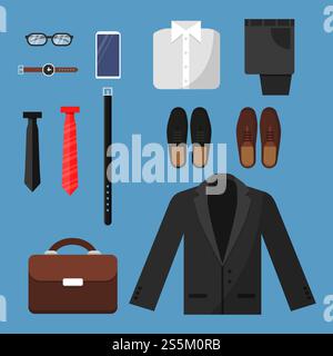 Vêtements d'homme d'affaires. Mode hommes articles pantalon chaussures chemise montres cravate sac vecteur vue dessus illustrations plates. Chaussures de mode homme d'affaires et téléphone, montre et pantalon. Vêtements d'homme d'affaires. Mode hommes articles pantalon chaussures chemise montres cravate sac vecteur vue dessus illustrations plates Illustration de Vecteur