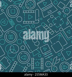 Motif d'animation. Montage de symboles de cinéma de production de film industrie de divertissement tv show studio éléments multimédia vecteur sans couture fond. Illustration de média et film vidéo, appareil photo et batteur. Motif d'animation. Montage de symboles de cinéma de production de film industrie de divertissement tv show studio éléments multimédia vecteur sans couture fond Illustration de Vecteur