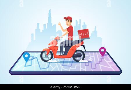 Livraison de moto pizza. Paysage urbain avec le concept de vecteur de livraison rapide de vélo de transport de nourriture par courrier. Illustration de la livraison de moto, livraison de service rapide. Livraison de moto pizza. Paysage urbain avec le concept de vecteur de livraison rapide de vélo de transport de nourriture par courrier Illustration de Vecteur