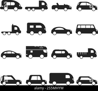 Icône silhouettes de voiture. Type de transport Minivan camion suv micro van vecteur symboles noirs. Silhouette à hayon automatique, illustration de minifourgonnette tout-terrain. Icône silhouettes de voiture. Type de transport Minivan camion suv micro van vecteur symboles noirs Illustration de Vecteur