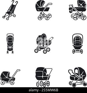 Ensemble d'icônes de poussette de bébé. Ensemble simple de 9 icônes vectorielles de poussette de bébé pour la conception Web isolé sur fond blanc. Ensemble d'icônes de poussette de bébé, style simple Illustration de Vecteur