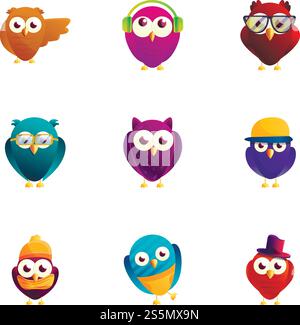 Jeu d'icônes drôles d'oiseaux. Ensemble de dessins animés de 9 icônes vectorielles drôles d'oiseaux pour la conception Web isolé sur fond blanc. Jeu d'icônes drôles d'oiseaux, style de bande dessinée Illustration de Vecteur