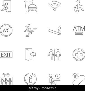 Symboles de navigation publique. L'endroit de nourriture de personne de toilette forme l'icône de ligne mince de vecteur d'ascenseur de nourriture d'Internet. Illustration du symbole public des toilettes, de l'ascenseur et de la zone fumeur. Symboles de navigation publique. L'endroit de nourriture de personne de toilette forme l'icône de ligne mince de vecteur d'ascenseur de nourriture d'Internet Illustration de Vecteur