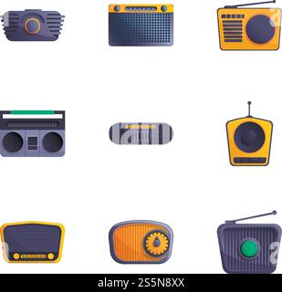 Icône de radio portative définie. Ensemble de dessins animés de 9 icônes vectorielles radio portables pour la conception Web isolé sur fond blanc. Jeu d'icônes de radio portable, style de dessin animé Illustration de Vecteur