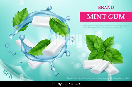 Gomme à la menthe. Affiche publicitaire avec des bonbons frais et feuille de vecteur de menthe modèle réaliste. Illustration de la publicité de promotion, gomme à la menthe poivrée. Gomme à la menthe. Affiche publicitaire avec des bonbons frais et feuille de vecteur de menthe modèle réaliste Illustration de Vecteur
