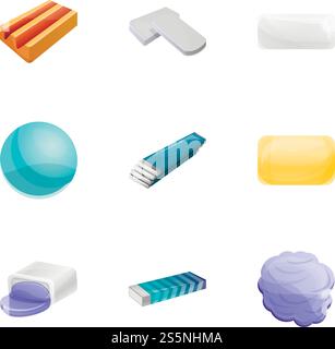 Jeu d'icônes de chewing-gum. Ensemble de dessins animés de 9 icônes vectorielles de gomme à mâcher pour la conception de Web isolé sur fond blanc. Jeu d'icônes de chewing-gum, style de bande dessinée Illustration de Vecteur